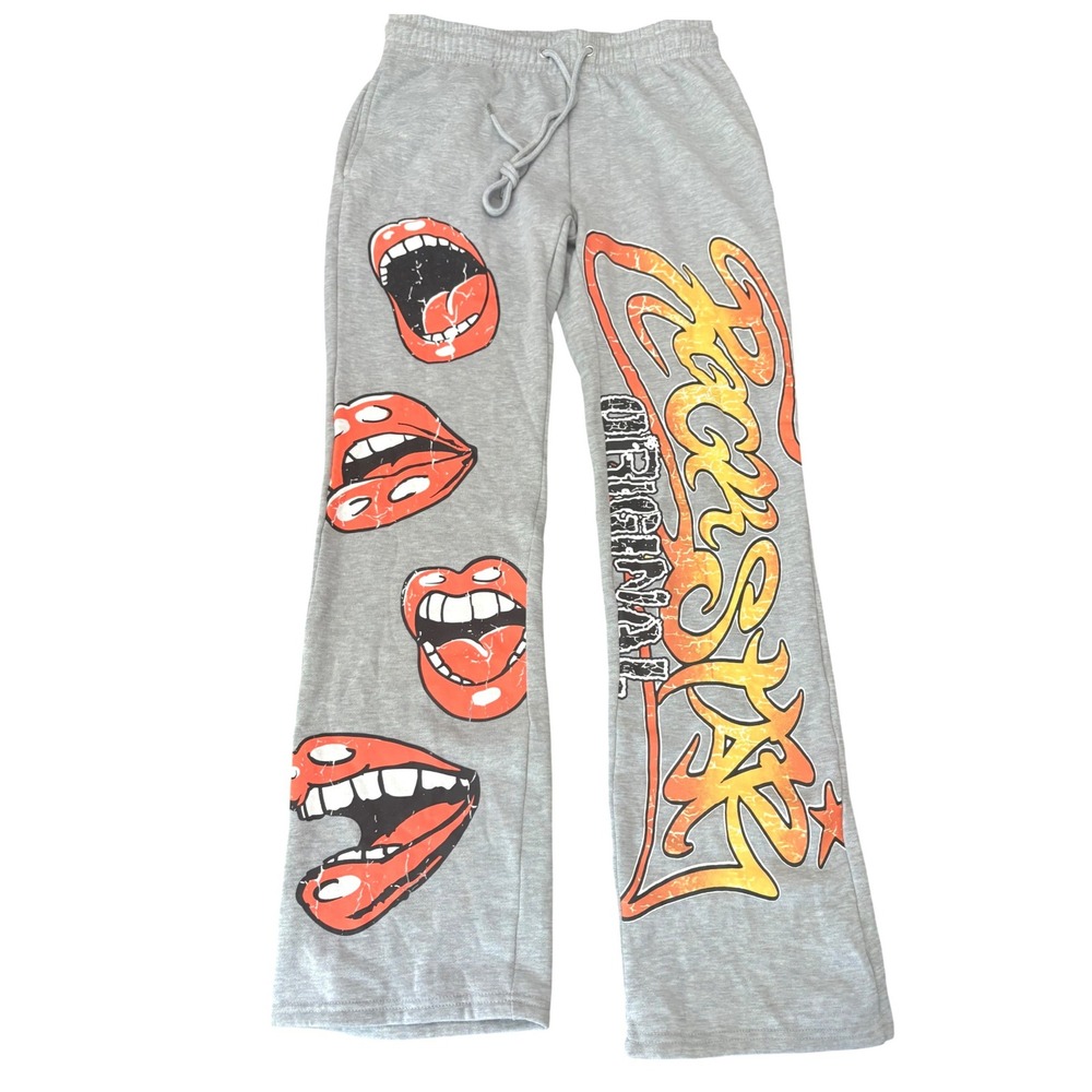 Rockstar Original Graphic Fleece Sweatpants Mens Small Grey Orange Lips Print